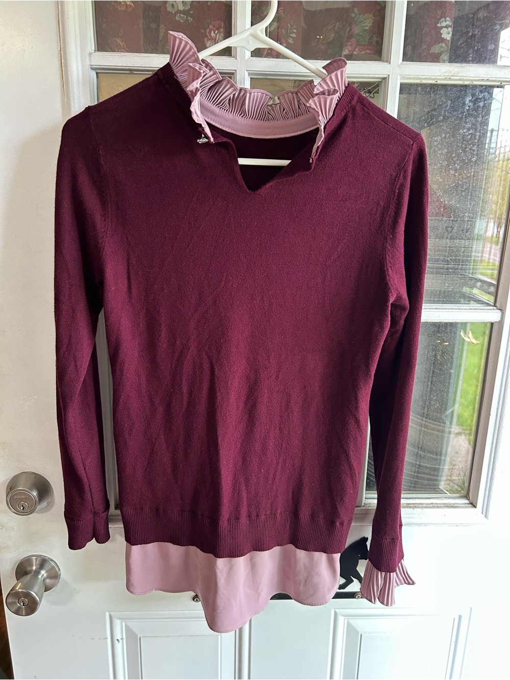 Vila Milano Women’s S Long Sleeve Burgundy Knit Sweater with Pink Ruffle Trim.
